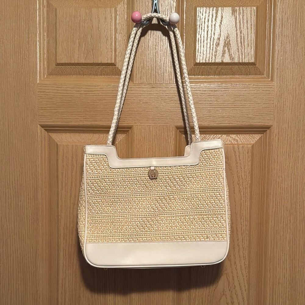 Etienne Aigner Woven Straw & Leather Shoulder Bag - Coastal Chic Designer Tote